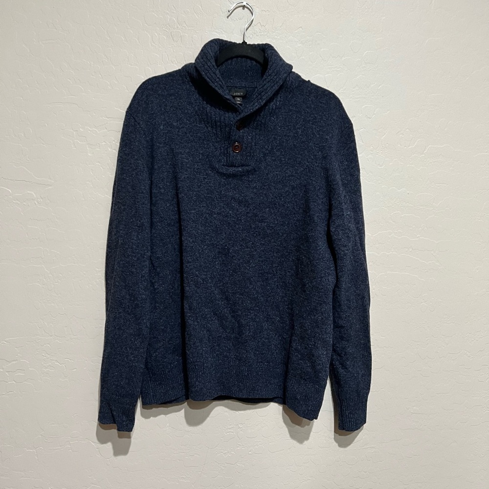 J.Crew 100% Lambs Wool Navy Blue Mens Sweater with 1/4 Button, Size XL